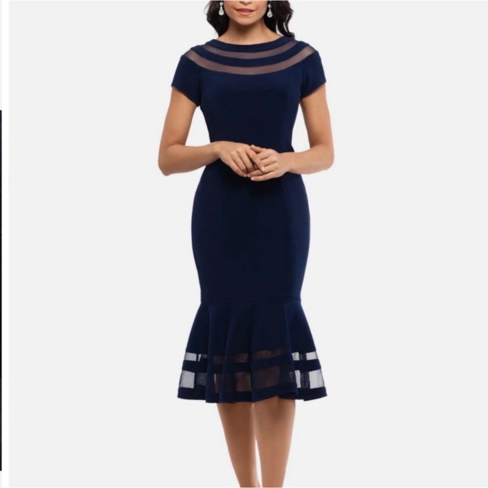 XSCAPE Womens Navy Blue Mesh Illusion Ruffle Hem Bodycon Midi Cocktail‎ Dress 6